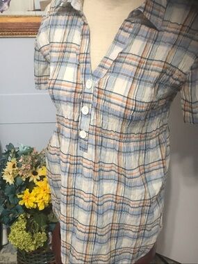 Maurices Blue and Orange Plaid Button Front Short Sleeve Top